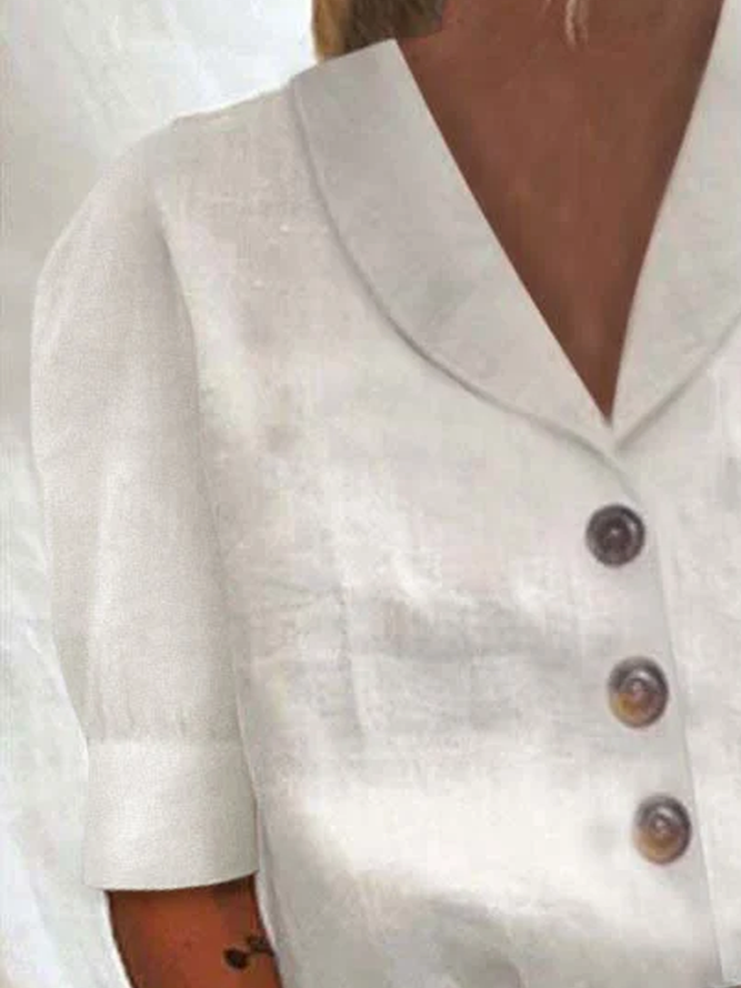 Women Plain Elegant Button Down Collar Loose Short Sleeve Cotton Linen Blouse