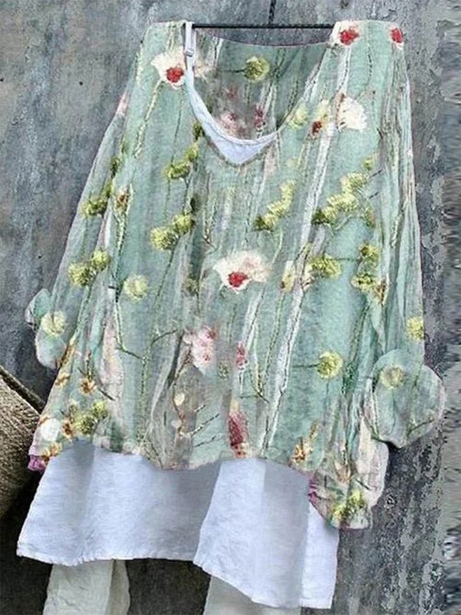 Women Floral Loose V Neck Three Quarter Sleeve Linen Tunic Top