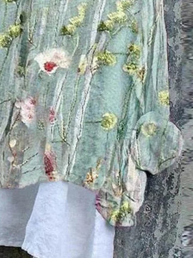Women Floral Loose V Neck Three Quarter Sleeve Linen Tunic Top