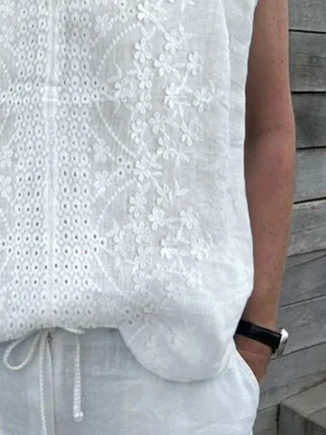 Women White Floral Lace V Neck Loose Cotton And Linen Tunic Top