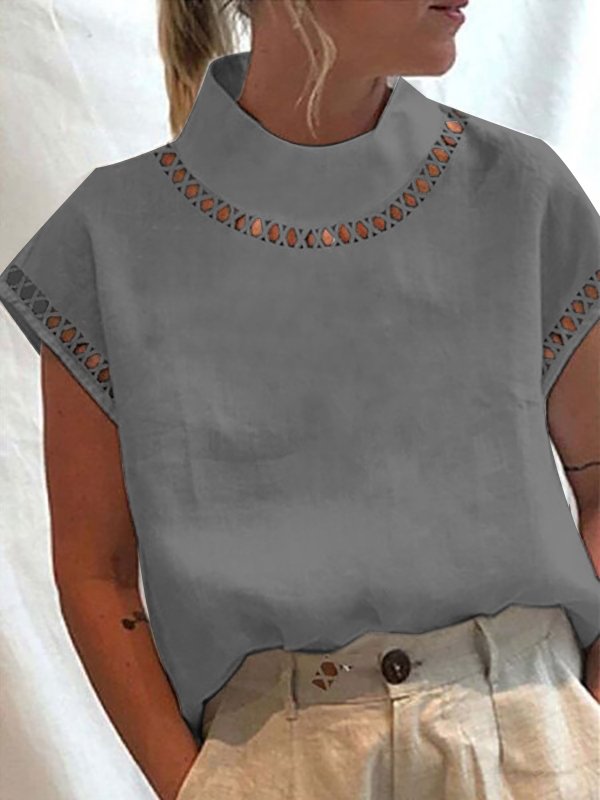 Women Hollow Out Lace Turtleneck Plain Short Sleeve Breathable Cotton And Linen Top