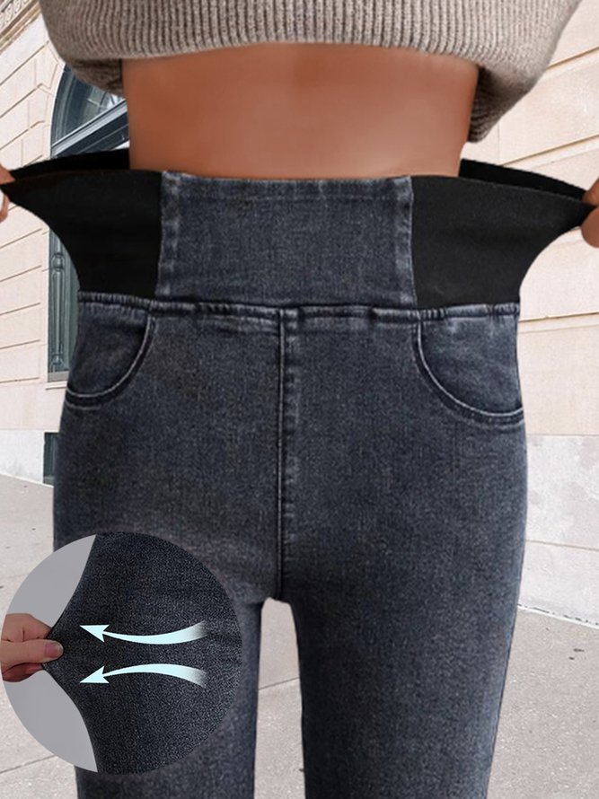 Women Casual Plain Autumn High Waist High Elasticity Daily Loose Plain Pocket Denim Jeans