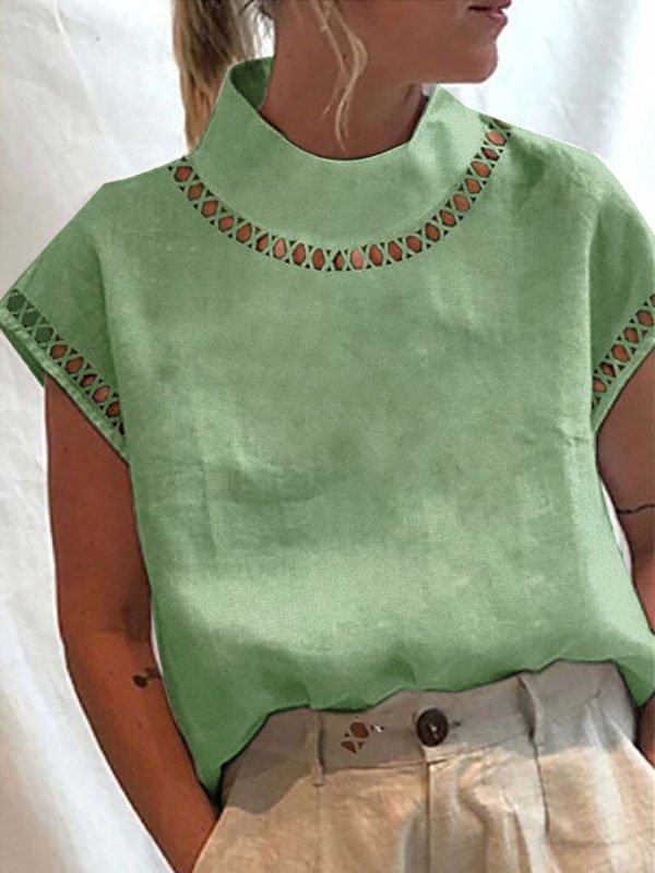Women Hollow Out Lace Turtleneck Plain Short Sleeve Breathable Cotton And Linen Top