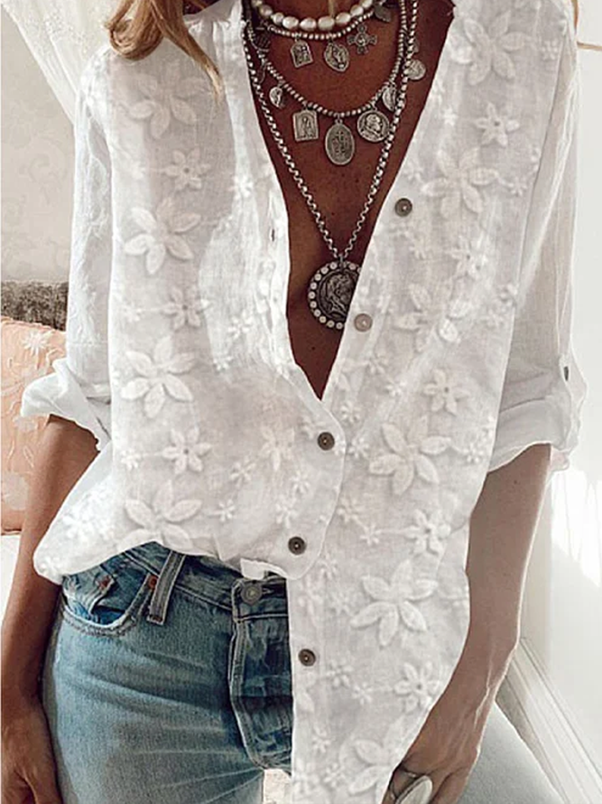 Women Elegant Floral Lace Plain Buttoned Down Cotton Linen Long Sleeve Blouse
