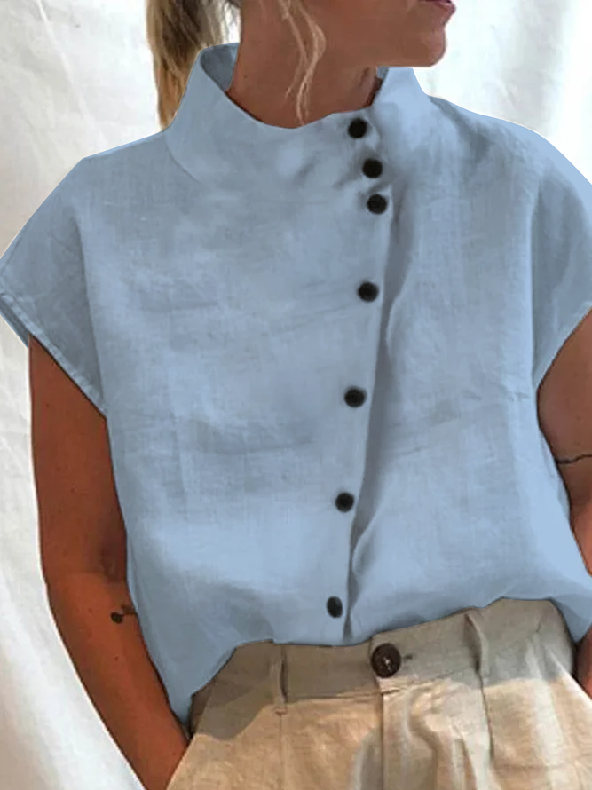 Women Summer Turtleneck Button Down Short Sleeve Casual Plain Cotton Linen Blouse