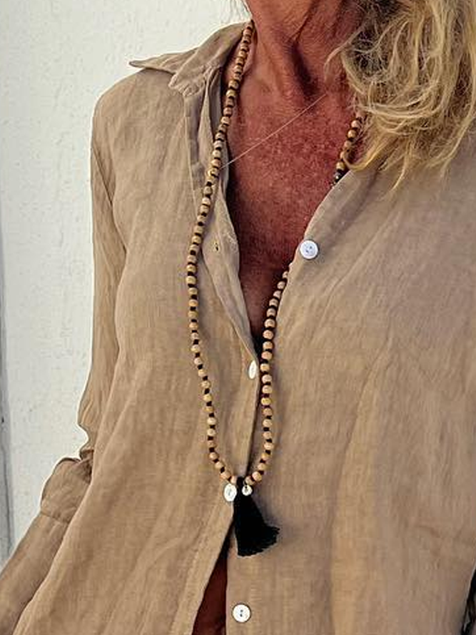 Women Casual Plain Shirt Collar Button Down Linen Breathable Long Sleeve Blouse