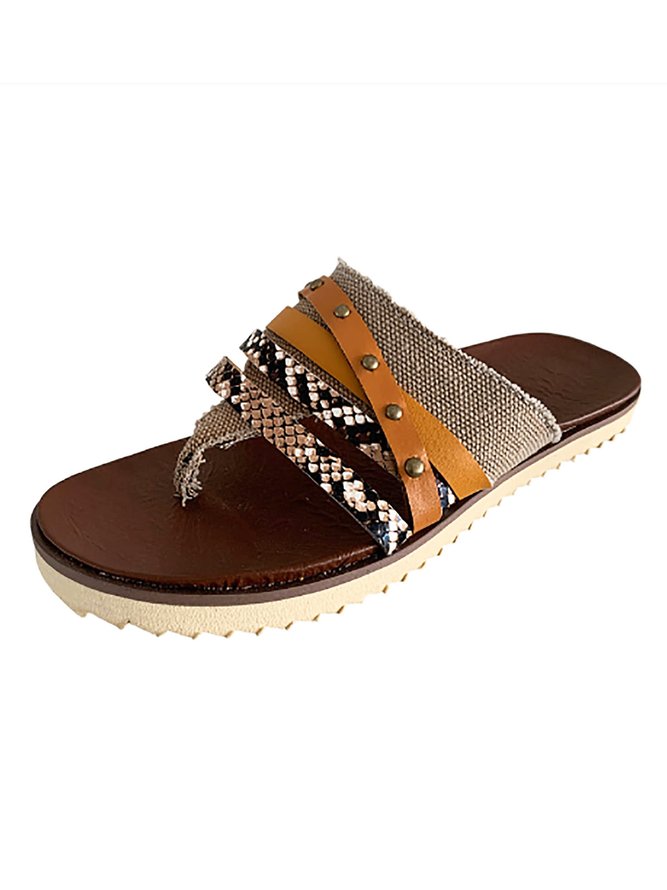 Snakeskin Colorblock Rivet Decor Multi Strap Casual Flip Flops