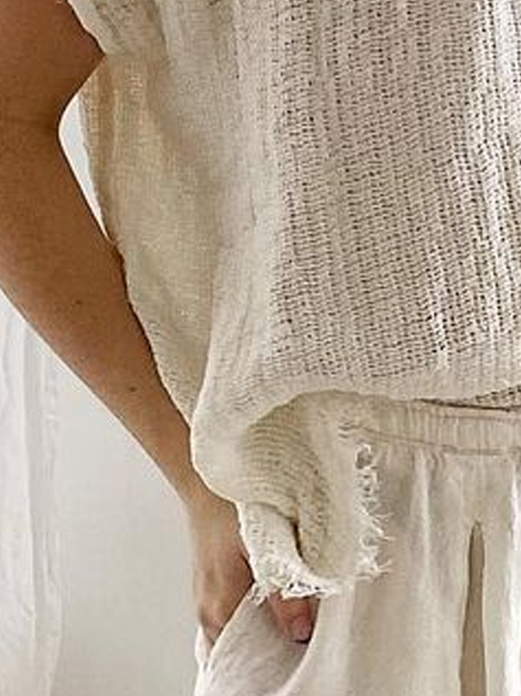 Women Casual White Crew Neck Linen Breathable Short Sleeve Summer T-shirt