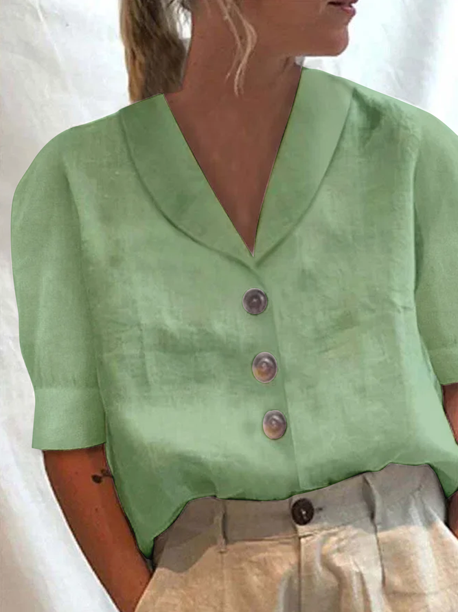 Women Plain Elegant Button Down Collar Loose Short Sleeve Cotton Linen Blouse