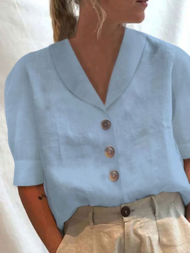 Women Plain Elegant Button Down Collar Loose Short Sleeve Cotton Linen Blouse