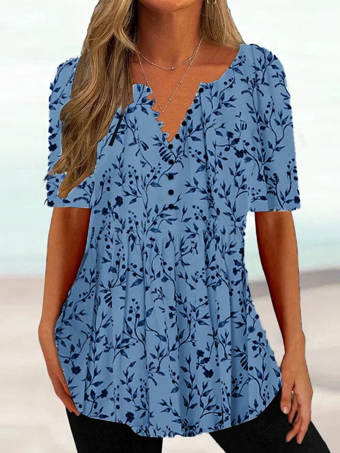 Women Casual Floral V Neck Button Summer Short sleeve Tunic
