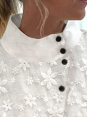 Women Plain Elegant Turtleneck Floral Lace Button Short Sleeve Cotton Linen Blouse