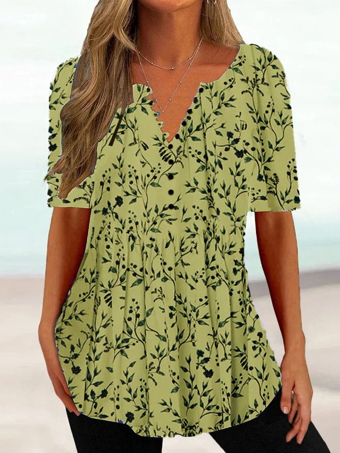 Women Casual Floral V Neck Button Summer Short sleeve Tunic
