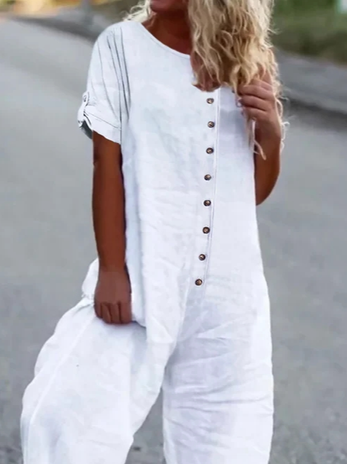 Women Loose Plain Crew Neck Casual Short Sleeve Loose Wide Leg Button Jumpsuit