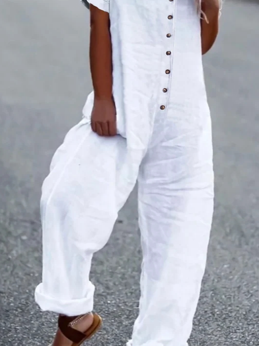 Women Loose Plain Crew Neck Casual Short Sleeve Loose Wide Leg Button Jumpsuit
