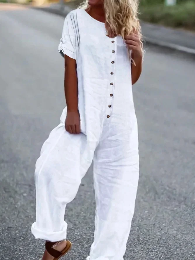 Women Loose Plain Crew Neck Casual Short Sleeve Loose Wide Leg Button Jumpsuit