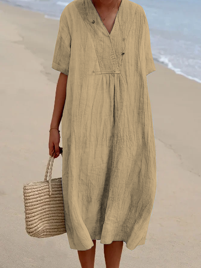 Women Summer Vacation V Neck Pockets Loose Plain Cotton And Linen Short sleeve Dress