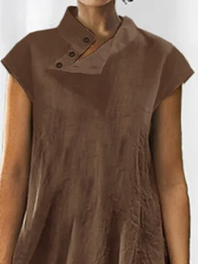 Women Plain Half Open Collar Button Cotton Linen Jumpsuit