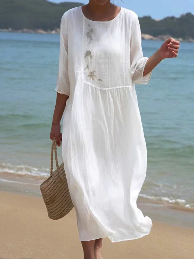 Women Floral Casual Crew Neck Plain Three Quarter Sleeve Vacation Dress