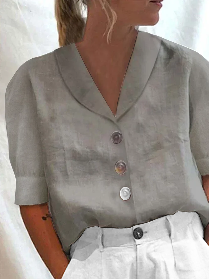 Women Plain Elegant Button Down Collar Loose Short Sleeve Cotton Linen Blouse