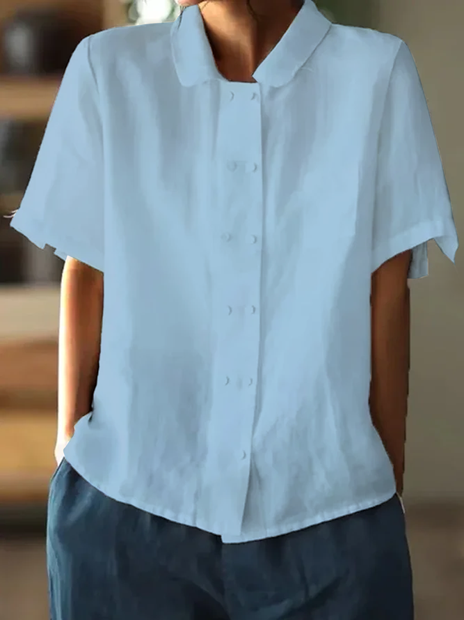 Women Loose Button Down Plain Cotton Linen Short Sleeve Blouse