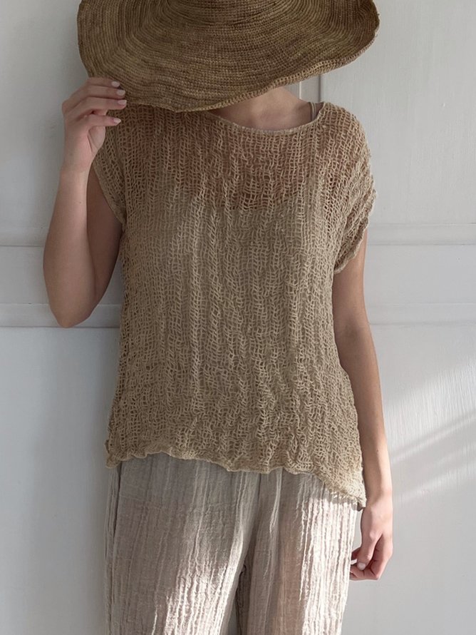 Women Casual Crew Neck Khaki Linen Breathable Short Sleeve Summer T-shirt