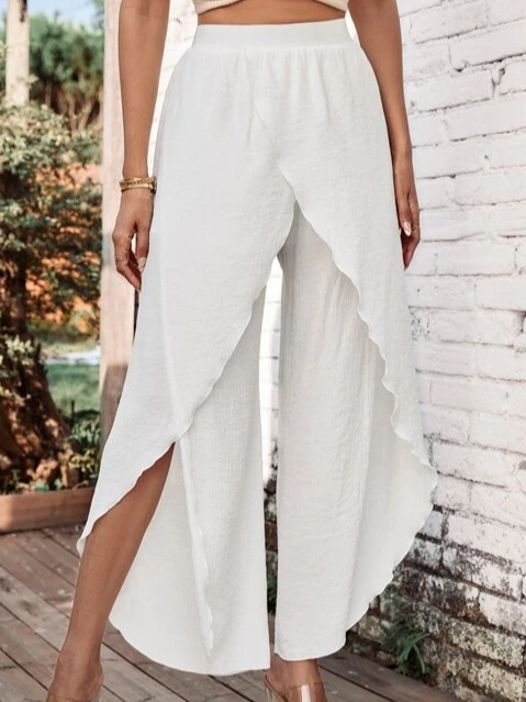 Women Solid Basic Casual Daily Yoga Ruffle Layered Culottes Wide Leg Pants Trousers 