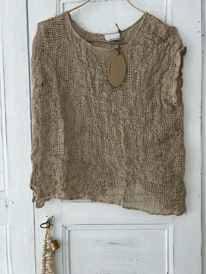 Women Casual Crew Neck Khaki Linen Breathable Short Sleeve Summer T-shirt