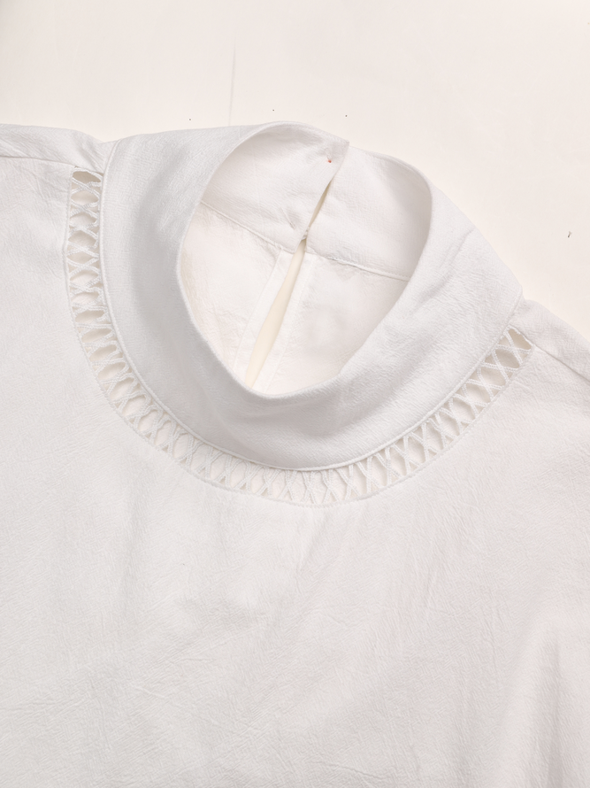 Women Hollow Out Lace Turtleneck Plain Short Sleeve Breathable Cotton And Linen Top