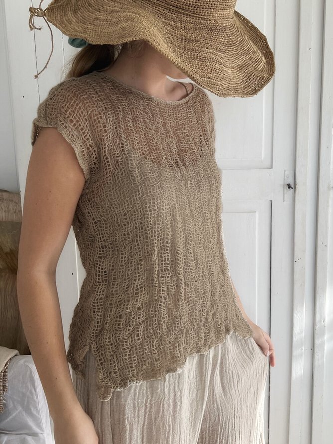 Women Casual Crew Neck Khaki Linen Breathable Short Sleeve Summer T-shirt