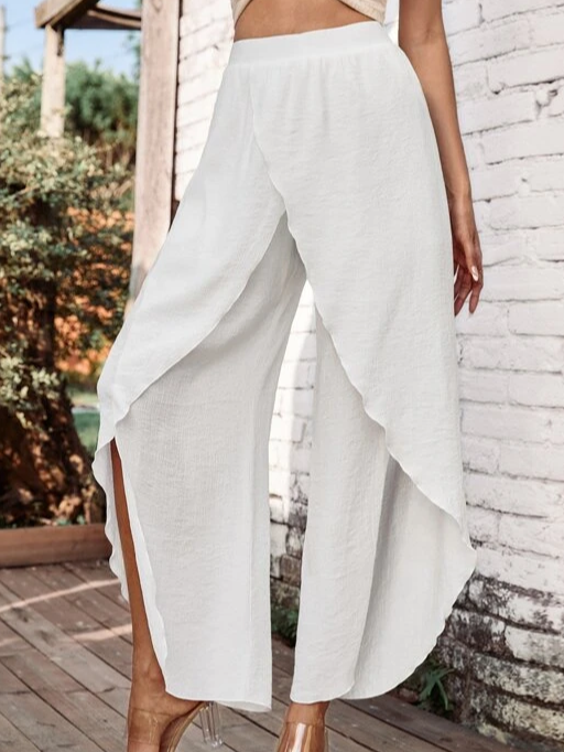 Women Solid Basic Casual Daily Yoga Ruffle Layered Culottes Wide Leg Pants Trousers 