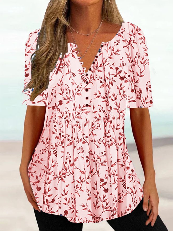 Women Casual Floral V Neck Button Summer Short sleeve Tunic