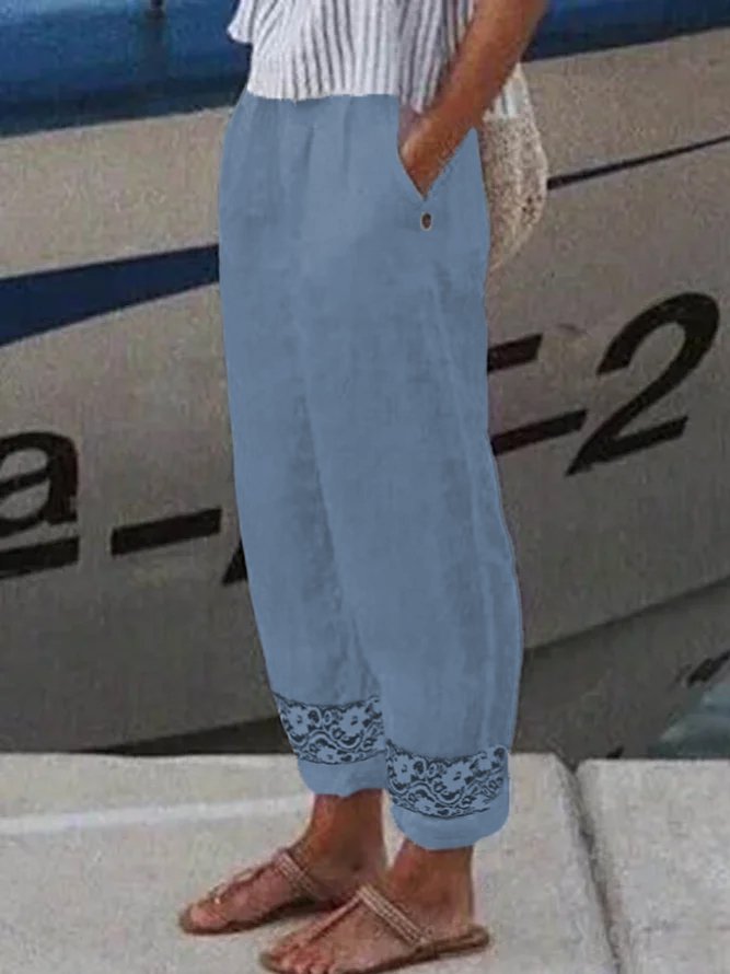 Loose Casual Plain Hollow Out Lace Pockets Elastic Waist Linen And Cotton Pants