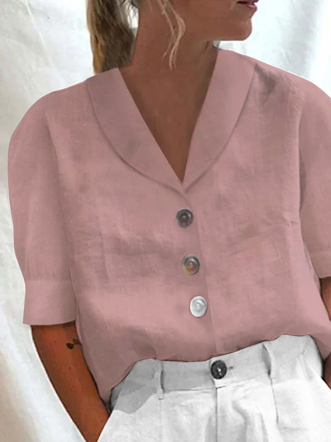 Women Plain Elegant Button Down Collar Loose Short Sleeve Cotton Linen Blouse