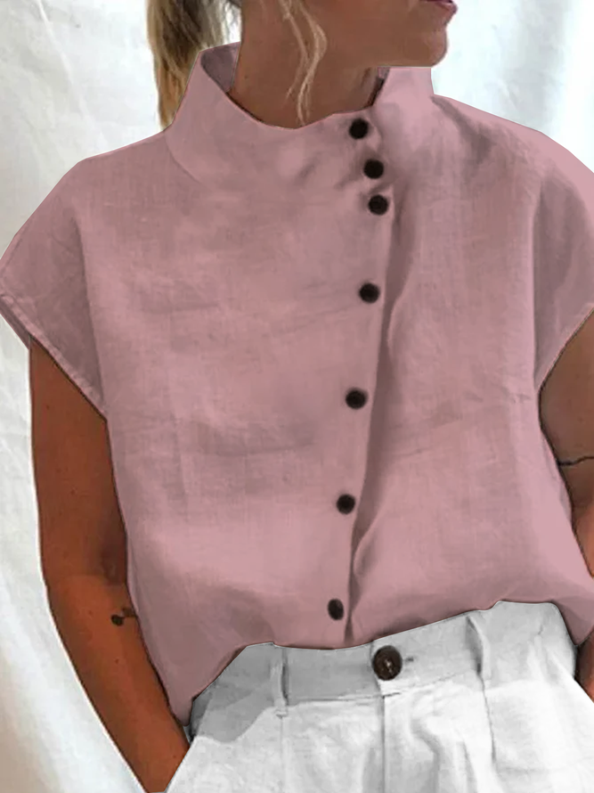 Women Summer Turtleneck Button Down Short Sleeve Casual Plain Cotton Linen Blouse