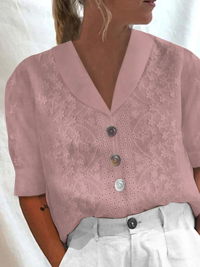 Women Elegant Plain Cotton Linen Floral Lace Lapel Button Down V Neck Short Sleeve Blouse