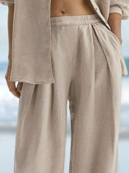 Women Casual Loose Elastic Waist Pockets Khaki Cotton And Linen Pants