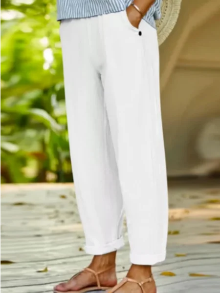 Women Casual Loose Pockets Cotton Linen Pants Ankle Length Pants