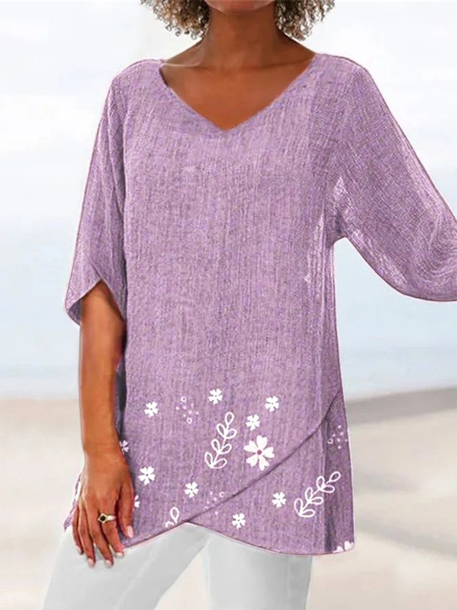 Floral Loose V Neck Asymmetric Hem Plus Size Half sleeve Summer Linen Tunic Top
