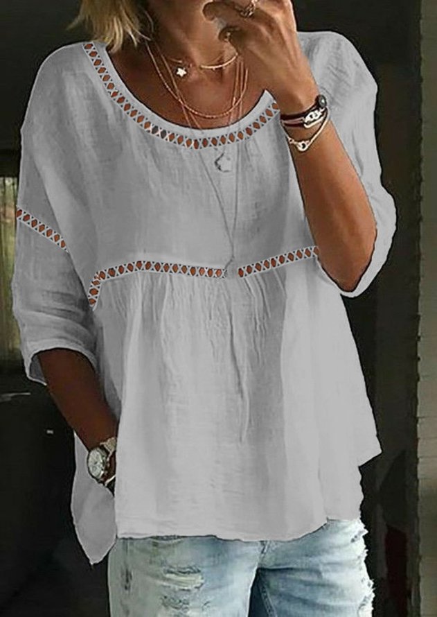 Women Plain Crew Neck Hollow Out Casual Three Quarter Sleeve Tunic Top