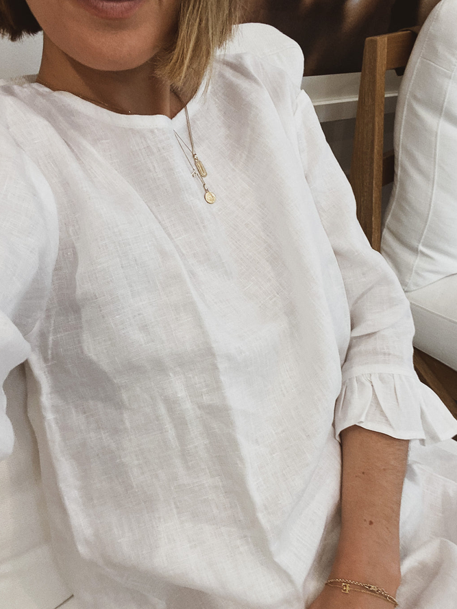 Women Casual Loose Ruffle Hem Half Sleeve Cotton And Linen White Dress