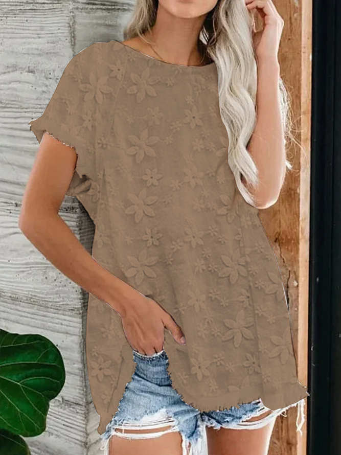 Women Floral Lace Tassel Casual Comfort Short Sleeve Summer Linen Tunic Top