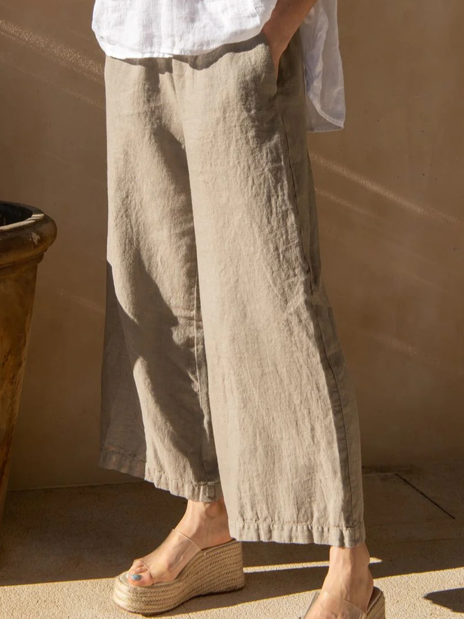 Women Casual Khaki Pockets Elastic Waist High Waist Loose Cotton And Linen Pants