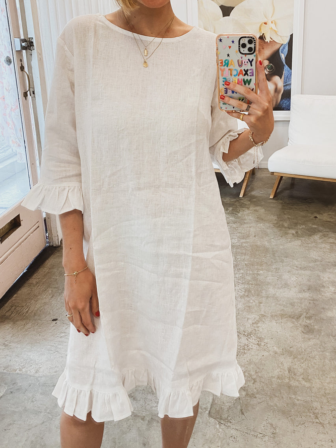 Women Casual Loose Ruffle Hem Half Sleeve Cotton And Linen White Dress