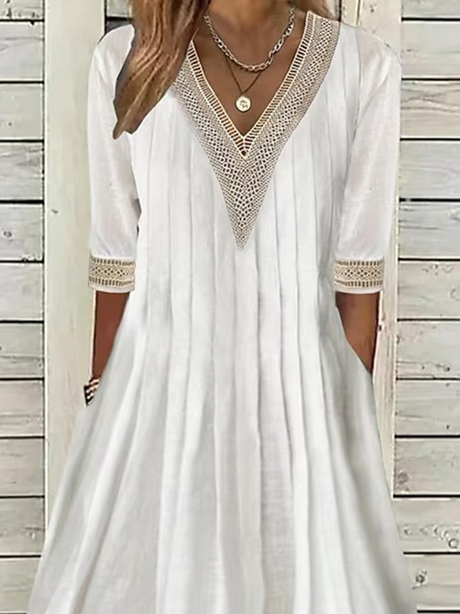 Women Elegant V Neck Pockets Loose Hollow Out Lace  Half Sleeve Dress