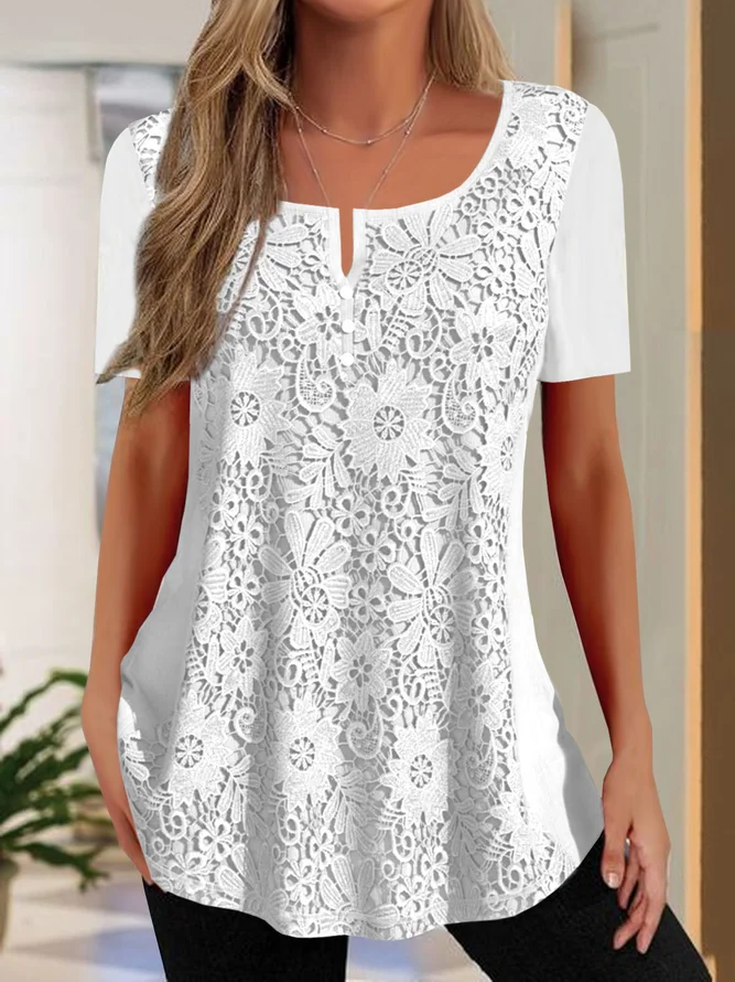 Women Casual Plain Lace Square Neck Button Short Sleeve Tunic Top