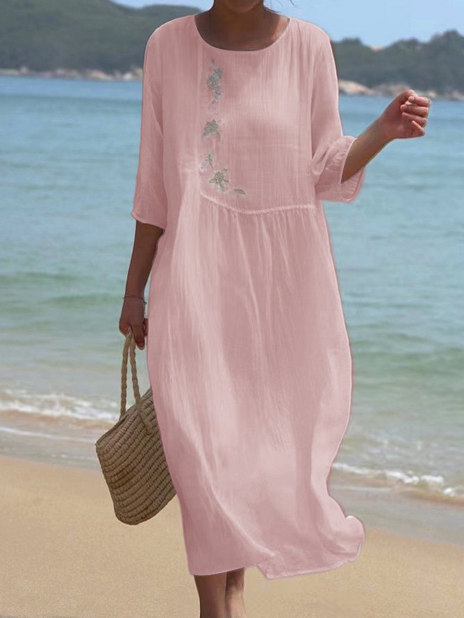 Women Floral Casual Crew Neck Plain Three Quarter Sleeve Vacation Dress