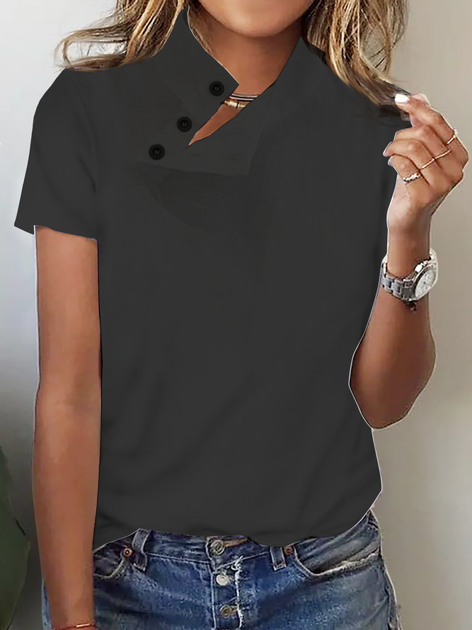 Women Casual Half Open Collar Button Short Sleeve Plain Summer T-shirt
