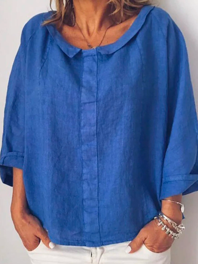 Women Plain Lightweight Shawl Collar 3/4 Sleeve Cotton and Linen Blouse