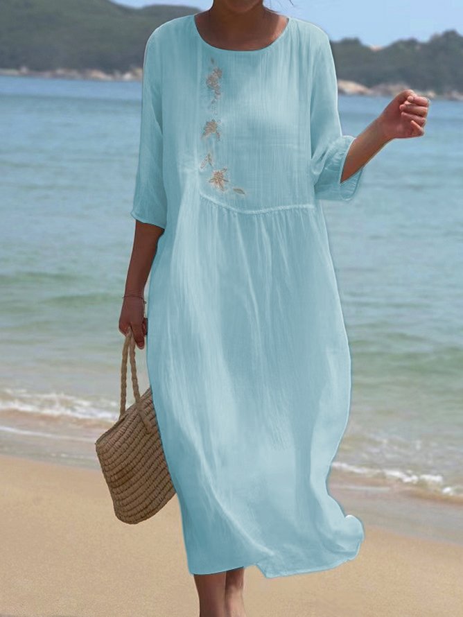 Women Floral Casual Crew Neck Plain Three Quarter Sleeve Vacation Dress